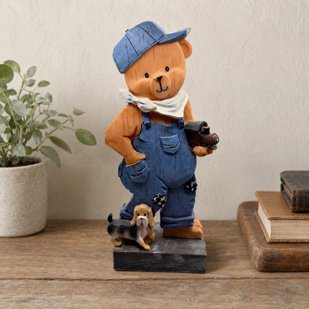 Vintage Style Resin Bear Engineer Figurine with Dog and Toy Train 8.5 Inch